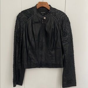 Bebe Black Leather Embroidered Moto Jacket size Large